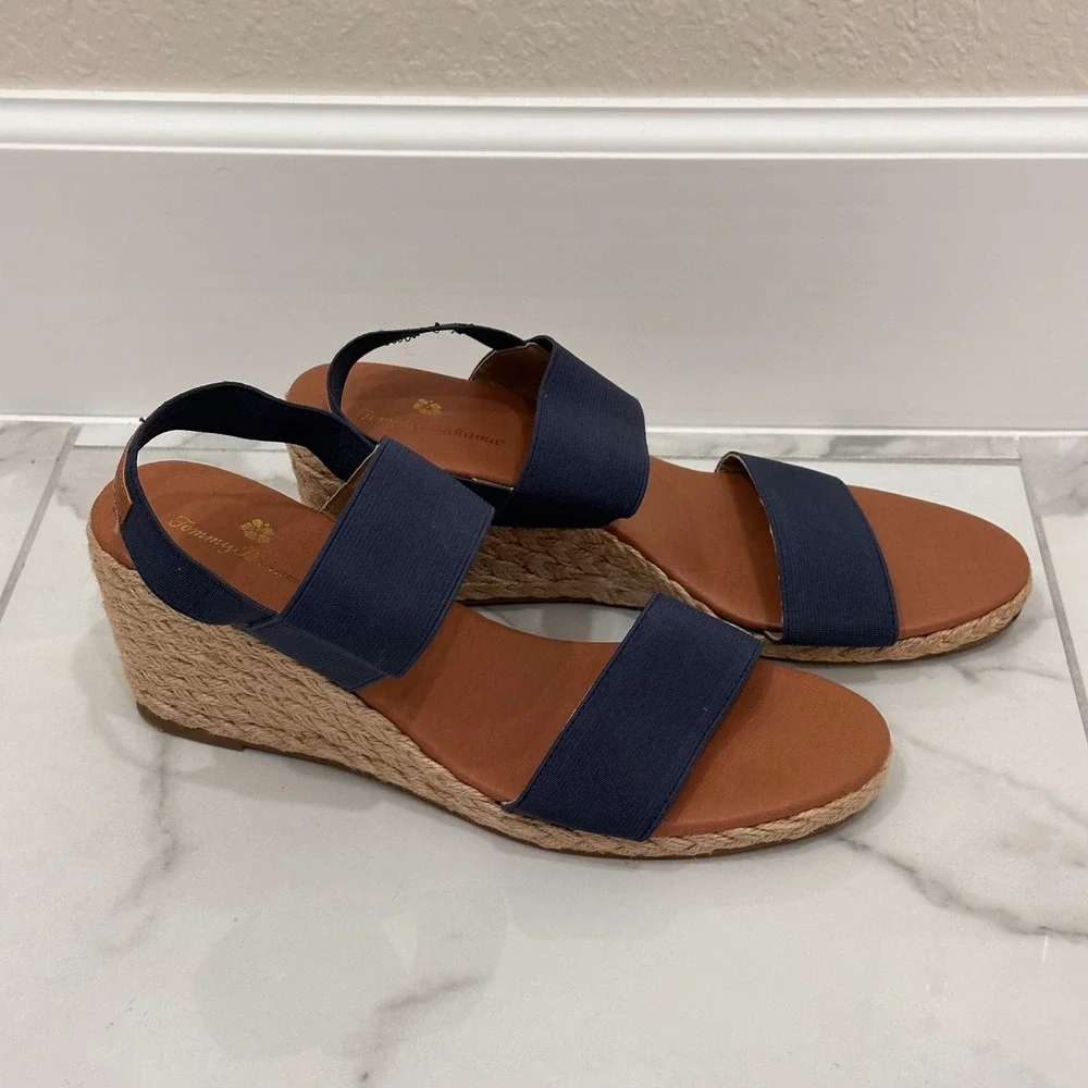 Tommy Bahama Sakura Wedge Espadrilles Heel Sandals Navy Blue Vacation Boho 9.5 M